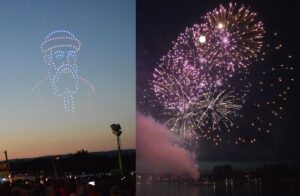 Drohnenshow (links) oder Feuerwerk (rechts)? Was finden die Mainzer besser? - Fotos: gik