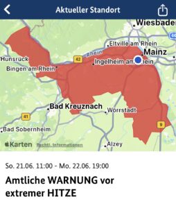 Amtliche Warnung vor extremer Hitze für Mainz und Umgebung vom Deutschen Wetterdienst: Mindestens bis Mittwoch werden extreme Werte bis zu 40 Grad erwartet. - Foto: gik