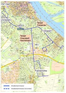 So sieht der Plan für die Trassenführung einer neuen Straßenbahnlinie via Uniklinik zum Heiligkreuz-Viertel und nach Mainz-Weisenau aus. - Grafik: Stadt Mainz/MVG 