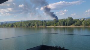 Eine schwarze Rauchwolke erhob sich am späten Sonntagnachmittag auf der Wiesbadener Rheinseite - an der A671 brennt ein Wäldchen. - Foto: privat