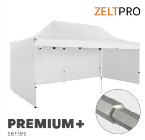 Weißer Faltpavillon der Firma Zeltpro in Premium-Ausführung: Groß genug für die Party. - Foto: Zeltpro