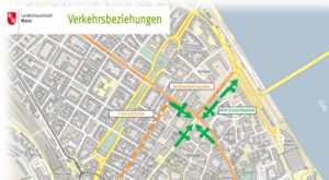 Karte der Stadt Mainz zu den neuen Verkehrsbeziehungen and er Großen Bleiche: Die grünen Pfeiler suggerieren, man könne in der Großen Bleiche problemlos fahren, doch das ist nicht der Fall. Die weiteren Pfeiler zeigen genau, welcher Druck jetzt auf der Kreuzung Flachsmarkt/Bauhofstraße und Große Bleiche liegt. - Karte: Stadt Mainz