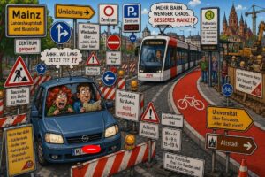 Mainz& satirisch: Wir starten mit dieser Kolumne eine neue Rubrik: Mit satirischen Cartoons nehmen wir künftig auch bei Mainz& aktuelle Ereignisse der Mainzer Stadtpolitik aufs Korn - die KI macht es möglich. Freut Euch auf "Mainz& satirisch"! - Grafik: K-Design/Mainz&