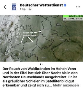 Satellitenbilder zeigen wie die Rauchfahnen der Feuer in der Eifel und in Belgien quer über Deutschland ziehen - auch in Mainz ist Brandgeruch zu spüren. - Post: DWD