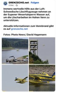 Bericht des Online-Portals Grenzecho über die schwedischen Löschflugzeuge und ihre Unterstützung bei den Bränden in Belgien. - Screenshot: gik
