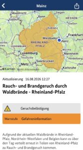 Über die offizielle Warnapps wurde am Wochenende über Brandgeruch auch in Mainz informiert - aus den Bränden in Belgien und der Eifel. - Screenshot: gik