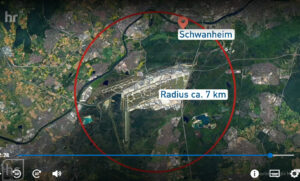 Flugradius einer Anopheles-Mücke, die am Flughafen eingeschleppt wurde. - Grafik: Hessenschau, Screenshot: gik 