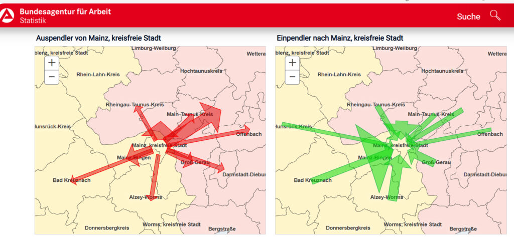 Karte der Auspendler und Einpendler nach Mainz pro Tag, erfasst sind dabei sozialversicherungspflichtige Arbeitnehmer. - Karte: Pendleratlas der Agentur für Arbeit, Screenshot: gik 