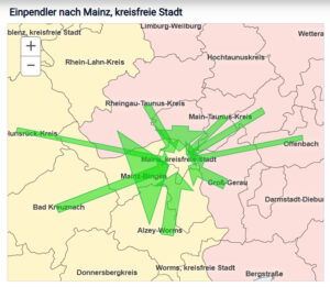 Karte Einpendler nach Mainz pro Tag, erfasst sind dabei sozialversicherungspflichtige Arbeitnehmer. - Karte: Pendleratlas der Agentur für Arbeit, Screenshot: gik 