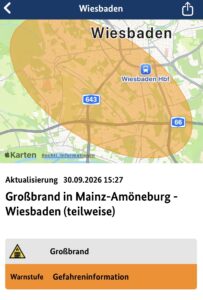 NINA-Warnung vor dem Großbrand in Wiesbaden-Biebrich bei Knettenbrech. - Screenshot: gik 