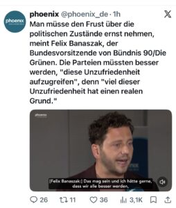 Grünen-Parteichef Felix Banaszak beim TV-Sender Phoenix. - Screenshot: gik