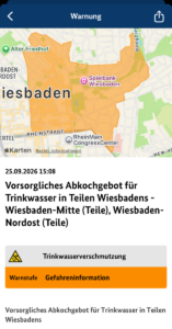 Achtung, verunreinigtes Trinkwasser im in der Wiesbadener Innenstadt - es gilt ein Abkochgebot! - Screenshot: gik