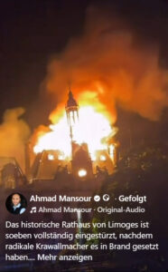 Das brennende Rathaus von Limoges mit seinem einstürzenden Turm wurde zu Fanal für die Proteste in Frankreich vom 17. Oktober. - Webvideo via Ahmad Mansour
