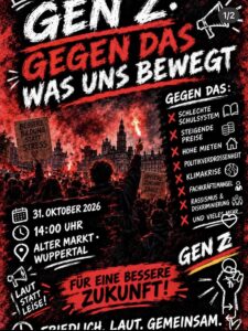 Demoaufruf für "GenZ regelt" in Wuppertal: breite Themenwahl, rot-schwarze Revolutions-Optik. - Foto: GenZ regelt