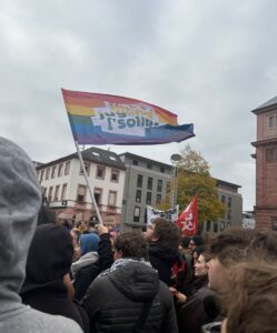 Fahne der Linksjugend "Solid" am Samstag auf der Demo in Mainz. - Foto: Urban