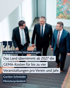 Nachricht aus der Staatskanzlei in Mainz: Das Land verhandelt mit der GEMA über einen Rahmenvertrag zur Übernahme von Gebühren für Vereine. - Foto: Staatskanzlei Mainz, Schneider 