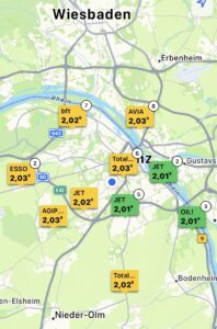 Tankpreise am Morgen des 31.10.2026 für E5 in Mainz in der "Mehr Tanken"-App. - Screenshot; gik